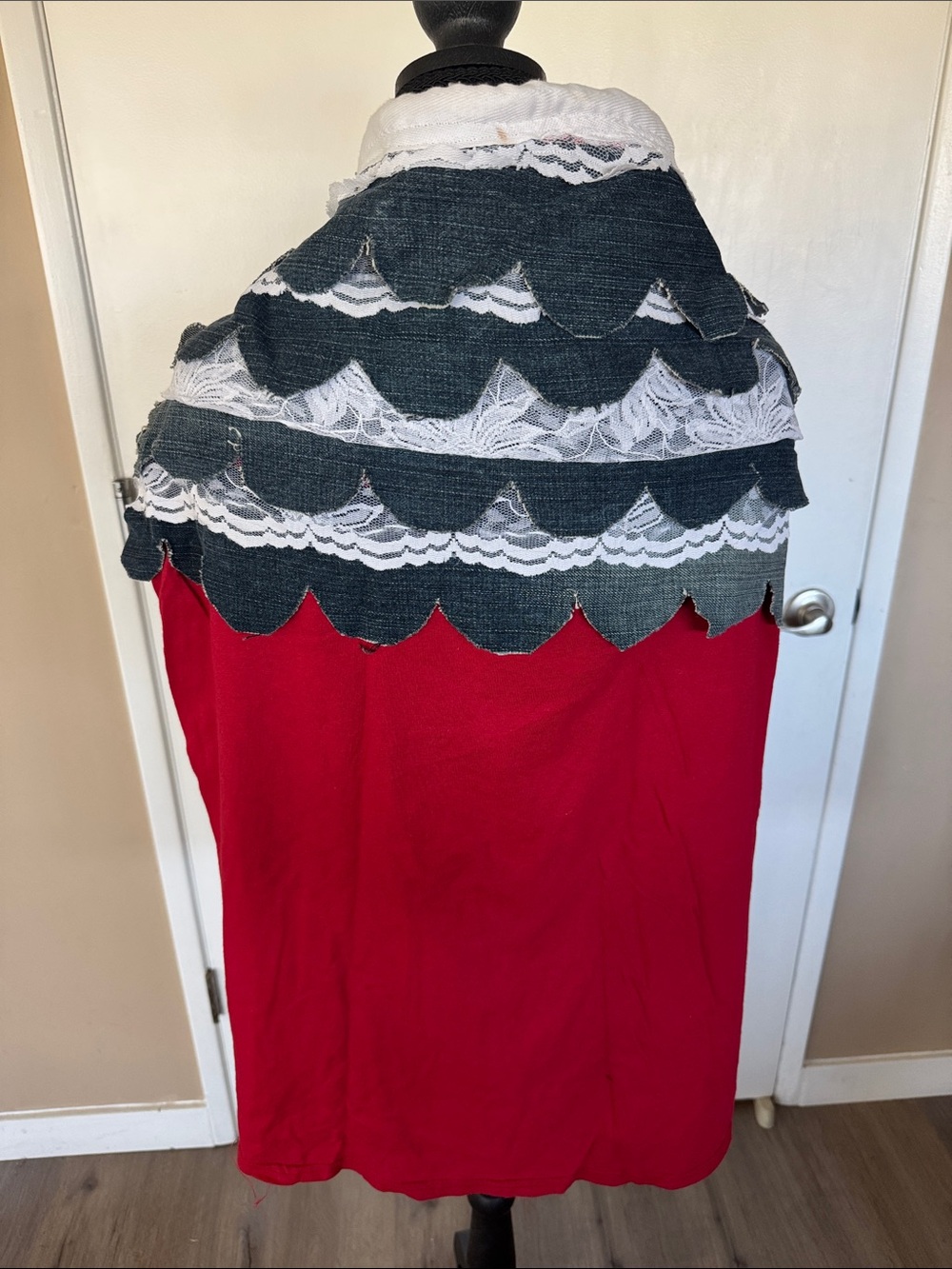 Hand Crafted Red Maxi Skirt with Black and White Lace-Trim